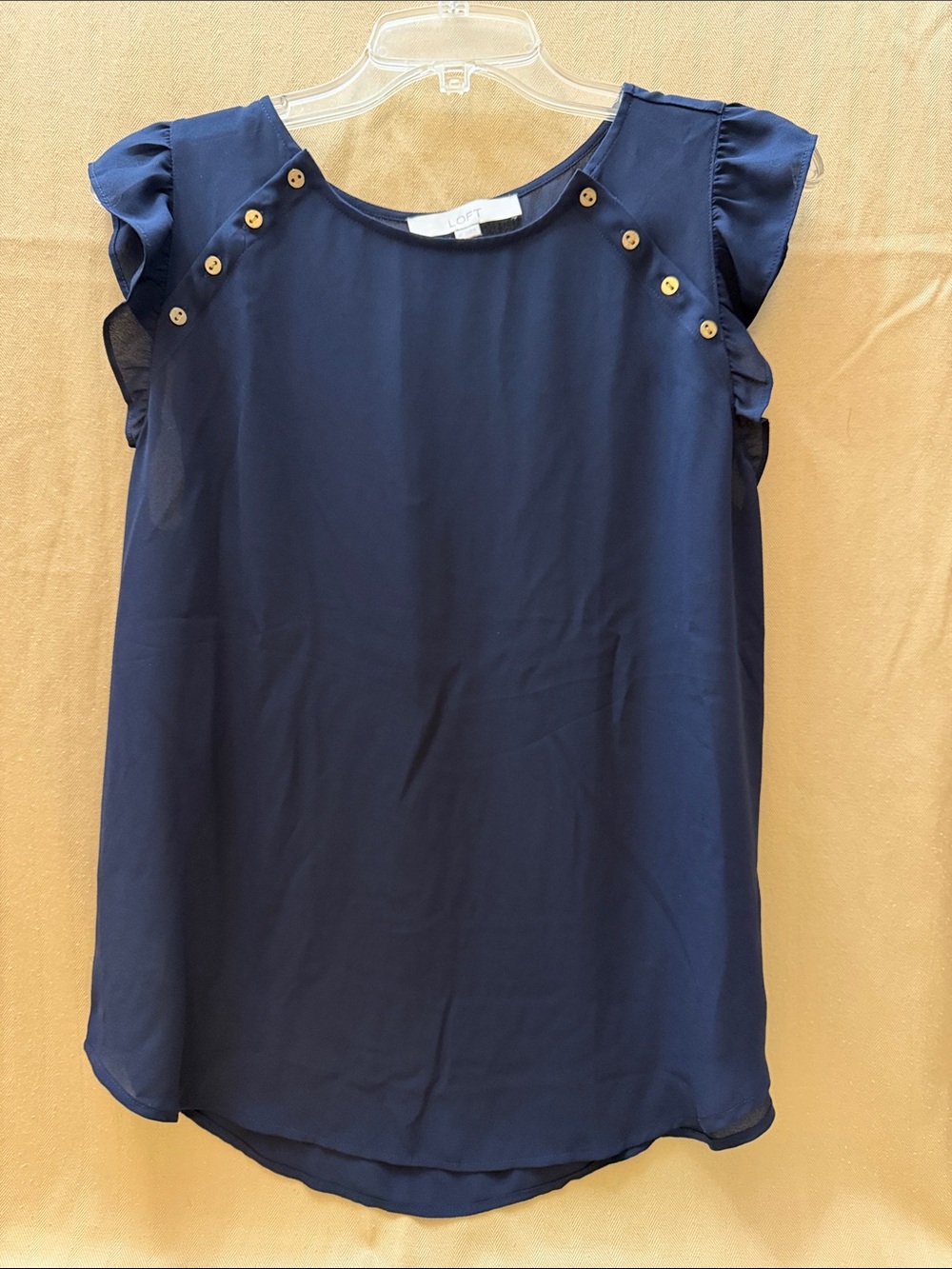 LOFT Navy Ruffle Sleeve Button-Accent Blouse